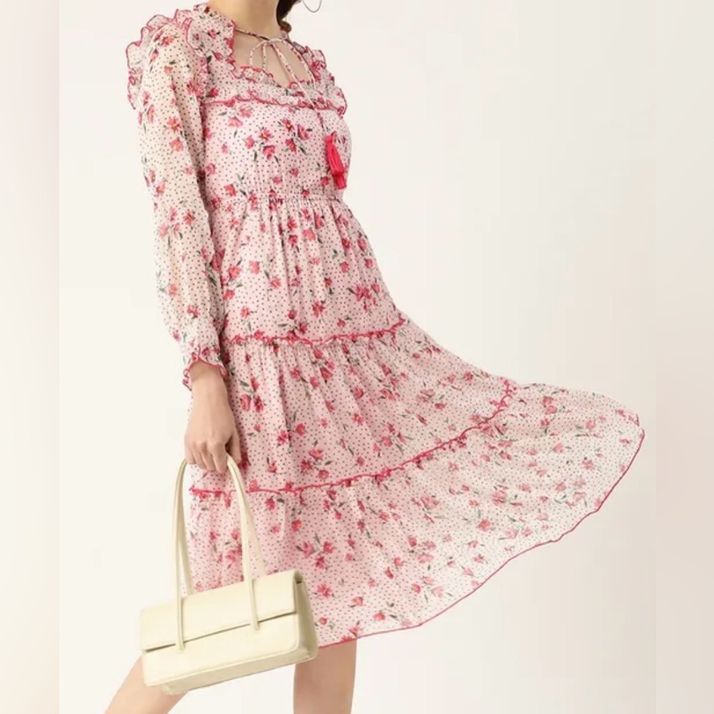 Antheaa Pink Floral Swiss Dot Midi Dress Ruffle Trim Tassel Tie Cottagecore XL - Picture 2 of 12
